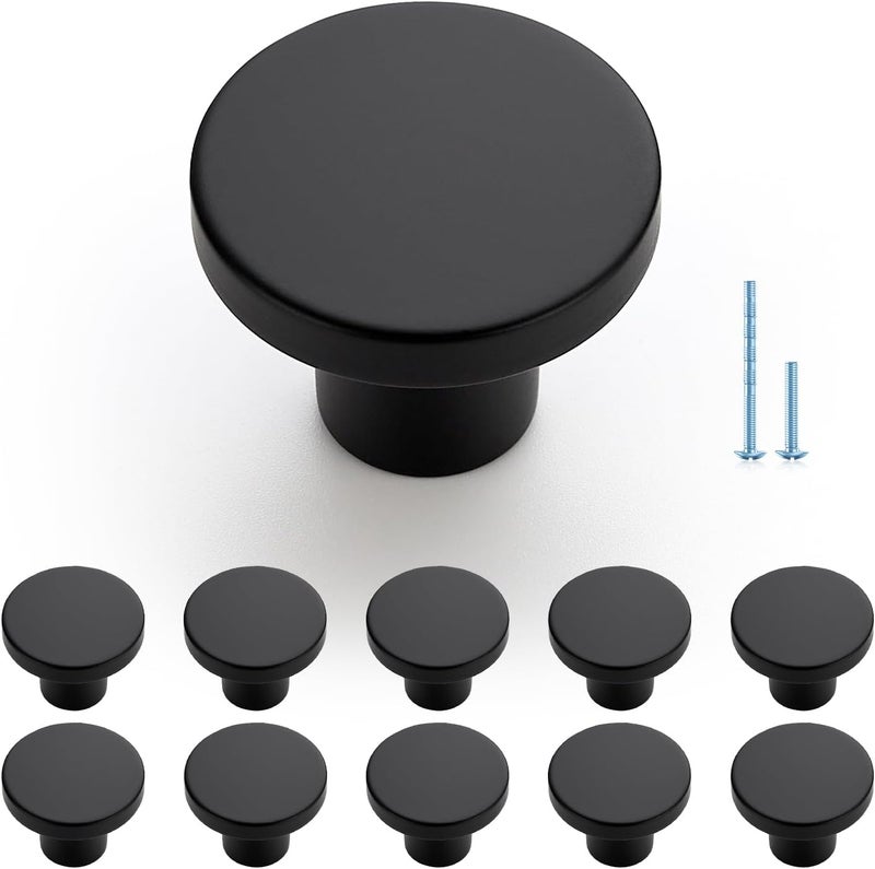 JOY DECOR 10 Pack Black Cabinet Knobs, Matte Black Kitchen Cabinet Knobs, 1-1/5 Inch Round Drawer Pulls, Kitchen Hardware for Dresser Drawers Closets - Image 1